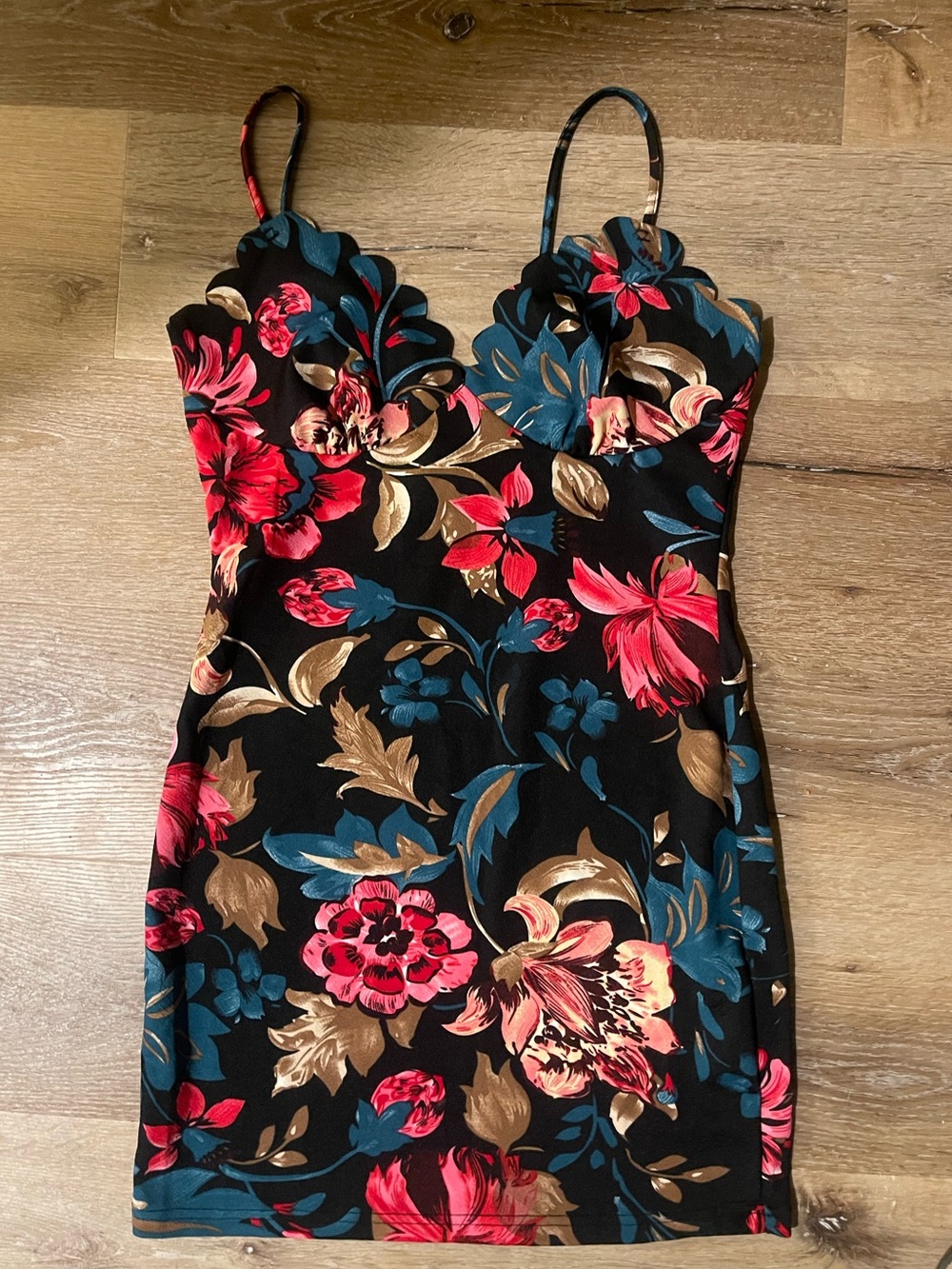 Floral Scalloped Neck Mini Dress - Black with Red & Teal Floral
